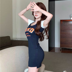 Letters Women's Dress 2022 Summer Tight Dresses One Piece Korea Short Sleeve Patchwork Bodycon Mini Dress Sexy Club Wear Slim