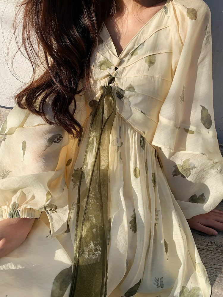 V-Neck Casual Beach Party Dress Women Frehcn Vintage Floral Office Lady Midi Dress 2023 Summer Chiffon One Piece Dress Korean