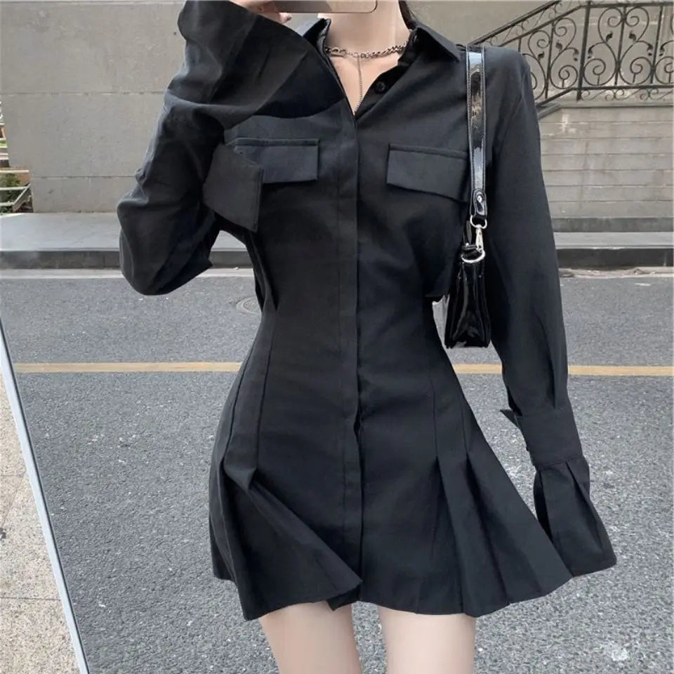 2024 Early Autumn New Lapel Neck Black Blouses Sexy Slim Waist Ruched Shirts Women Y2k Grunge Long Sleeve Blusas Mujer Dress