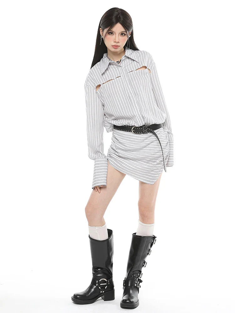 Blue Gray Stripe Shirt Dress Sexy Lapel Long Sleeve Irregular Skirt for Women Fashion Slim Fit Office Lady Mini Dresses