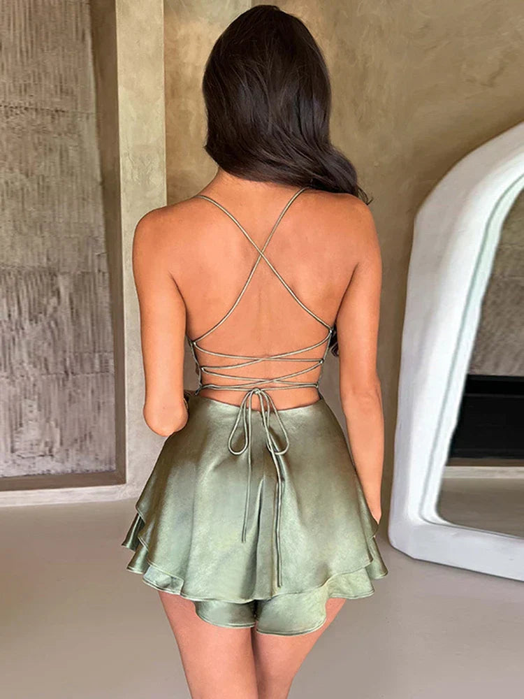Satin Solid Cami Playsuits Short Jumpsuits Cross Tie-Up Backless Romper Clubwear Dress Bandage Wide Leg Short Romper Ruffles