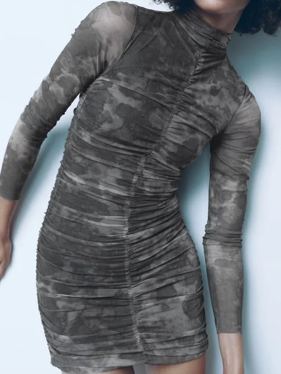 Mesh Print Sexy Mini Dress O Neck Long Sleeve Slim See Through Slim Streetwear Retro Dresses For Women Night Club Party Vestidos
