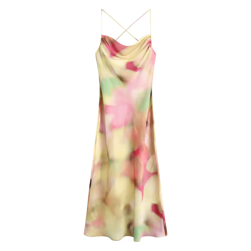 Sexy Open Back Tie Elegant Party Dress Summer Slip Dress For Women 2024 Cowl Neck Spaghetti Strap Tie Dye Print Midi Dress