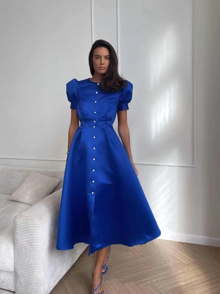 Women's Dress Single Breasted Lantern Sleeve A-line Dresses High Waist Split Mid-Length New Elegant and Pretty Dress for Women