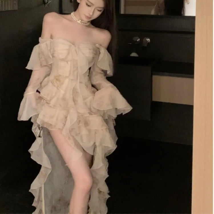 Sexy Romantic Slash Neck Dress for Women 2024 Summer New Slim Fit Ruffles Dresses Y2k E-Girl Long Sleeve Vestidos Mujer