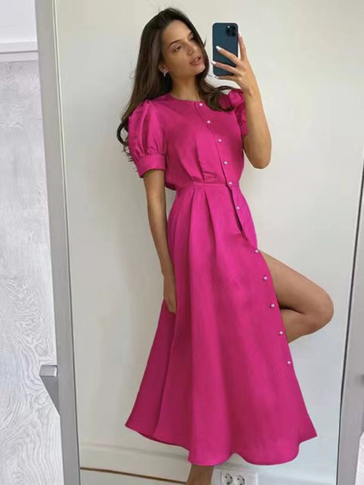 Women's Dress Single Breasted Lantern Sleeve A-line Dresses High Waist Split Mid-Length New Elegant and Pretty Dress for Women