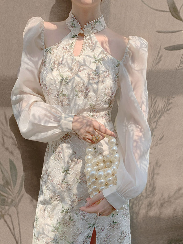 Vintage Cheongsam Elegant Dress Women Floral Embroidery Design Party Fairy Dress Female 2022 Spring Court Retro Long Split Dress