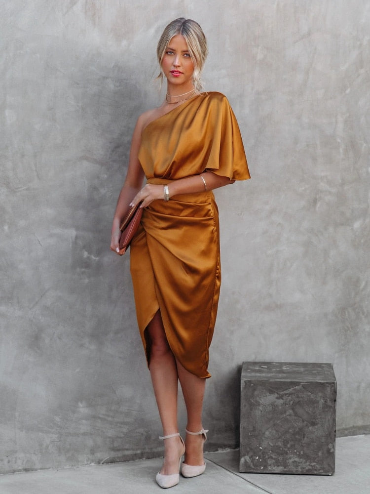 Satin Dress Short Sleeve One Shoulder High Split Ruched Evening Dresses