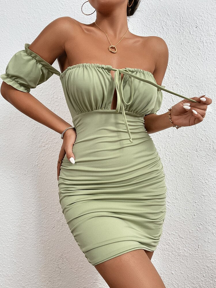 Back to college Green Strapless Summer Mini Bodycon Dress Women 2022 Ruched Short Sleeve Sexy Backless Club Party Dresses Female Vestido