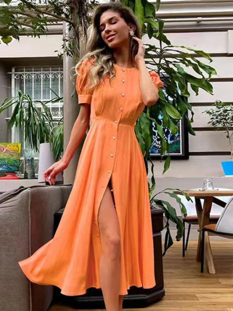 Women's Dress Single Breasted Lantern Sleeve A-line Dresses High Waist Split Mid-Length New Elegant and Pretty Dress for Women