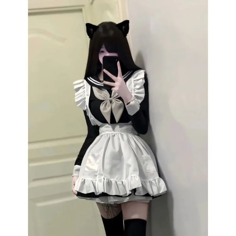 Lolita Kawaii Sweet Sailor Collar Bow Long Sleeve Dress for Women+ Y2k E-Girl Ruffles Slim Waist Apron Autumn Two Piece Setas