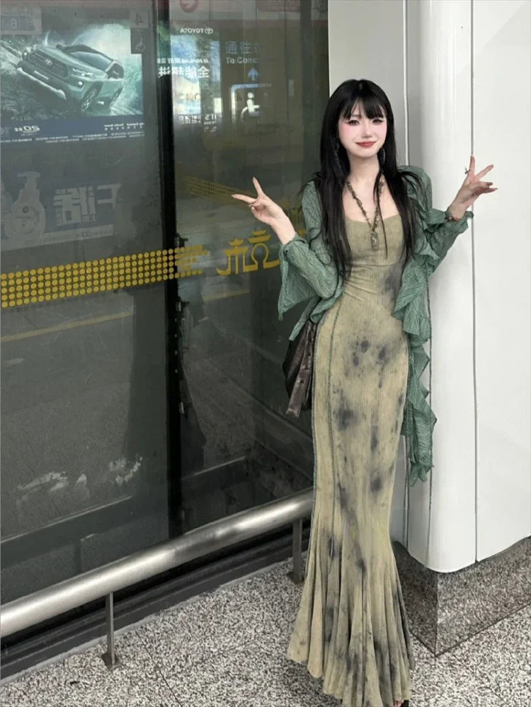 New Chinese Style Halo Dyeing Slim Fit Camisole Dresses+ Y2k Ruffles Long Sleeve Green Cardigan Spring  Two Piece Sets