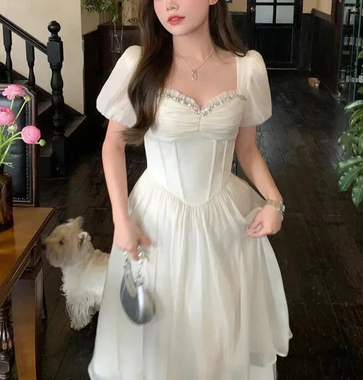 Spring Outfit Summer Vintage White Diamonds Midi Fairy Dress Women Short Sleeve Square Collar Elegant Birthday Party Pleated Evening Dresses