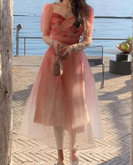 Summer Vintage Elegant Dress Women Casual Princess Midi Fairy Strap Dress Beach Female 2022 One Piece Dress Korean