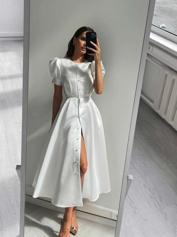 Women's Dress Single Breasted Lantern Sleeve A-line Dresses High Waist Split Mid-Length New Elegant and Pretty Dress for Women
