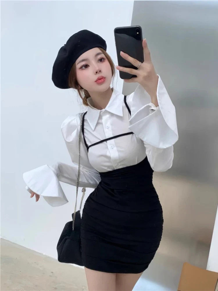 Fashion Simple Puff Sleeve White Shirts Women+ Y2k E-Girl Sexy Slim Waist Black Strap Dresses Summer New Two Piece Sets