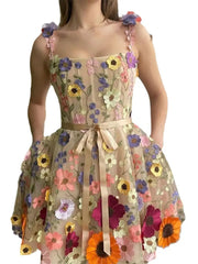 3D Flower Tulle Square Neck Mini Sling Dress Female Backless A-line Gown Short Vestidos Women Chic Evening Cocktail Party Robes