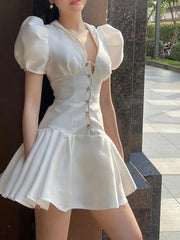 Elegant Puff Sleeve Women Dress High Waist A Line White Part Mini Dress Designed Summer Korean Slim Ol Vestidos