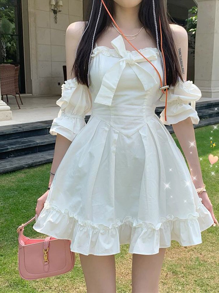 White Mini Dress Women Summer Off Shoulder Strap Dress Cute Kawaii Bow Fairy Dress Holiday Princess Sundress