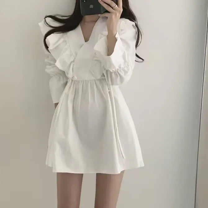 Spring Autumn Sweet Femme Patchwork 2024 Dresses Long Sleeve Korean Fashion Temperament Solid Color O-neck Women's Clothing