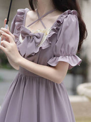 New Summer Elegant Vintage Chic Dress Purple Mini Dress Women Short Sleeve Kawaii Clothing Female Even Party Lolita Dress