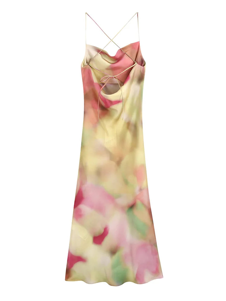 Sexy Open Back Tie Elegant Party Dress Summer Slip Dress For Women 2024 Cowl Neck Spaghetti Strap Tie Dye Print Midi Dress
