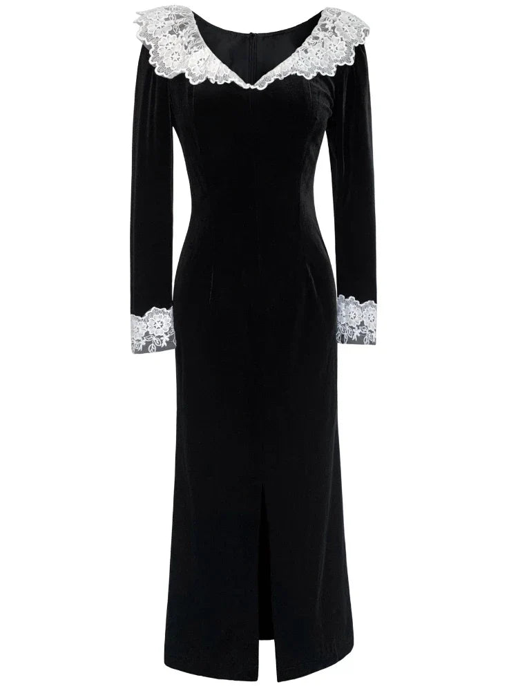 Splice Lace Vintage Dresses Women's Black Temperament Slim Dress Lady Side Slit Party Elegant Retro Evening Dress Women