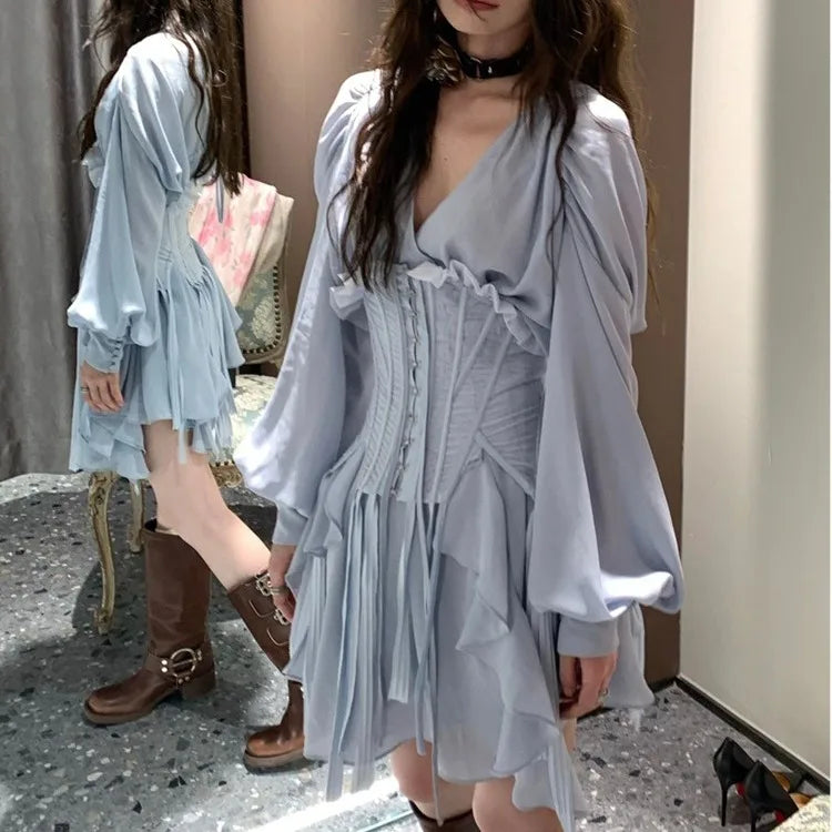 Sweet Blue Mesh Slim Waist Cummerbund+ Y2k Grunge V-neck Long Sleeve A-line Dress for Women 2024 Spring New Two Piece Sets