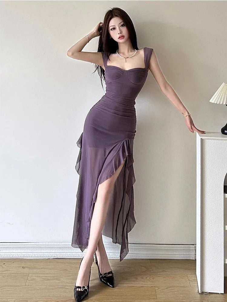 Fashion Sexy Mesh Long Sleeved Dress for Women Y2k Grunge Slim Fit Split Dresses 2024 Summer New Mid-length Vestidos Mujer