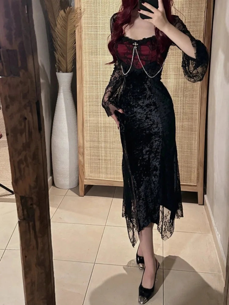 Elegant Vintage Lace Patchwork Dress for Women Y2k Sexy Slim Waist Bodycon Dresses 2024 Summer New Long Sleeve Vestidos