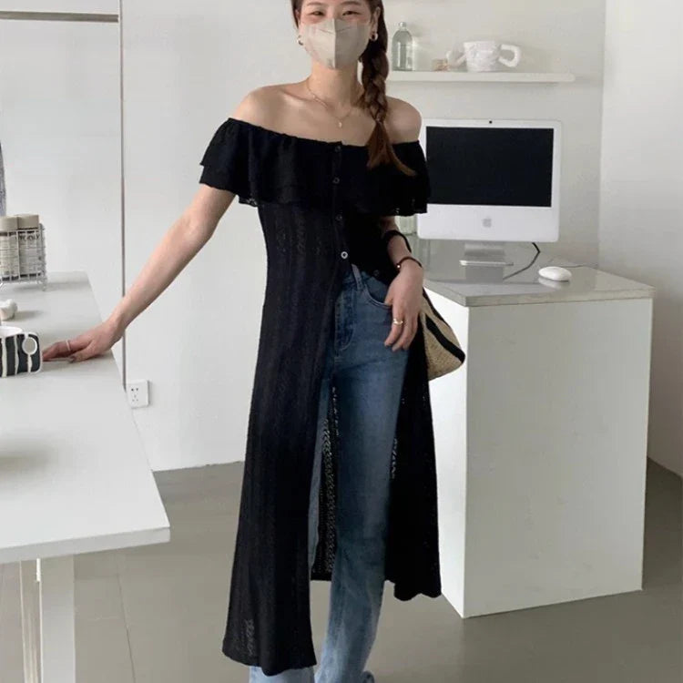 Elegant Slash Neck White Shirts Women Y2k E-Girl Slim Waist Lace Blusas Mujer 2024 Summer New Mid-length Loose Blouses Dress