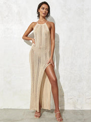 2024 Knitted Swimwear Dresses Sexy Strap Halter Hollow Out Maxi Dress Beach Cover Ups For Women Holiday Mesh Cover Up Swimsuits