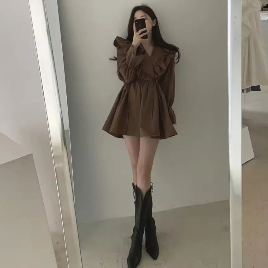 Spring Autumn Sweet Femme Patchwork 2024 Dresses Long Sleeve Korean Fashion Temperament Solid Color O-neck Women's Clothing