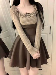 Fashion Slim Waist Ruched Vest Strap Dresses+ Sweet Lace O-neck Knitted Tops Women 2024 Spring Autumn New Two Piece Sets