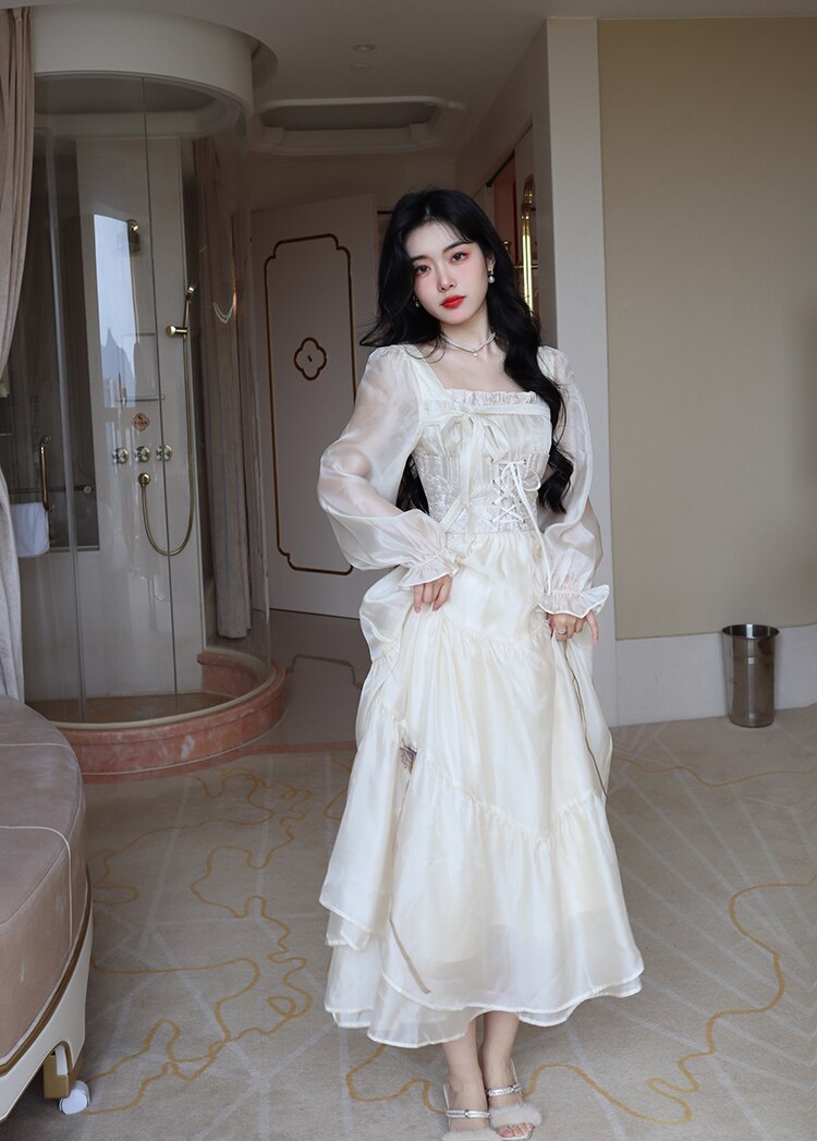 Yellow French Vintage Fairy Dress Women Bandage Elegant Evening Party Midi Dress Long Sleeve Korean Style Fairy Dress Autumn New