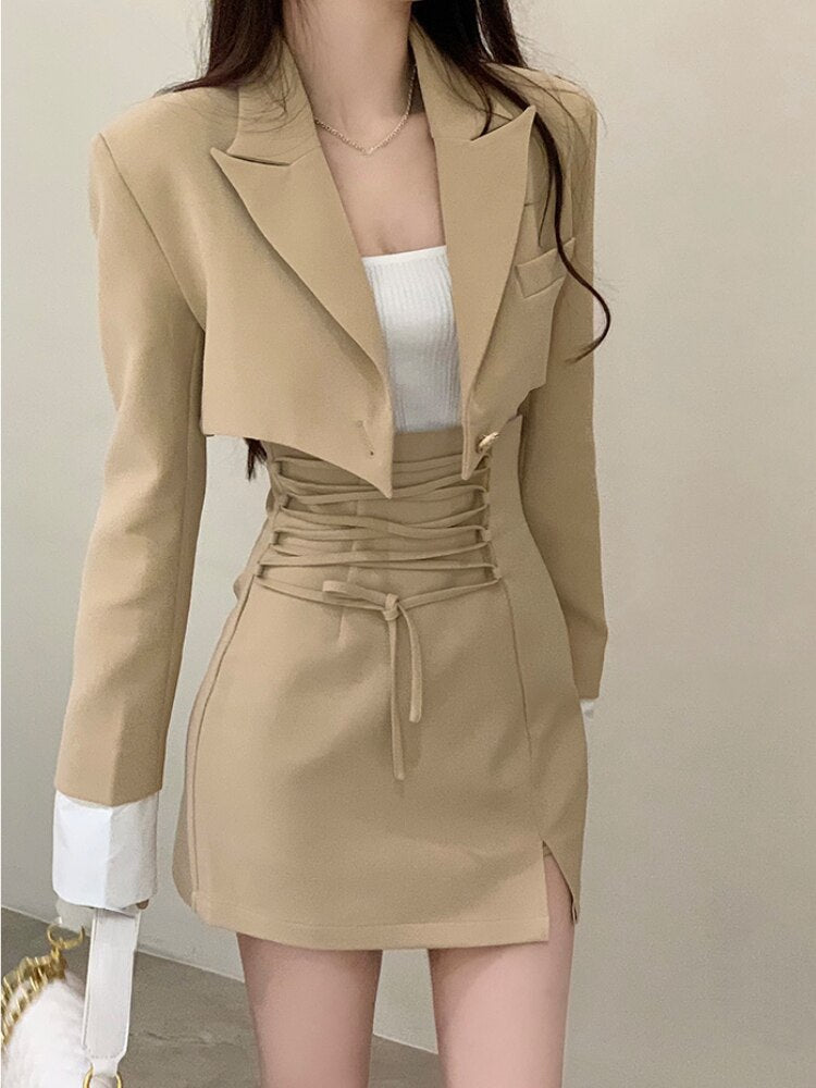 2 Piece Dress Set Women Casual Y2k Crop Tops Elegant Jacket Coats + Mini Skirts Korean Fashion Suits 2023 Autumn Blazers Dress