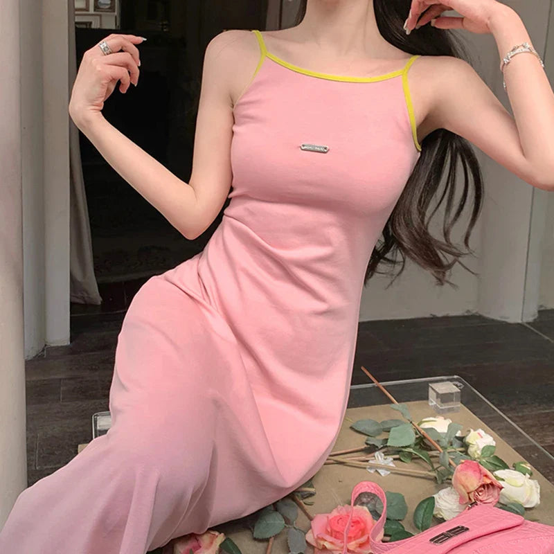 Spring Outfit Sleeveless Dress Women Pink Halter Sundress Girl Sweet Sexy Retro Streetwear Harajuku Long Dresses