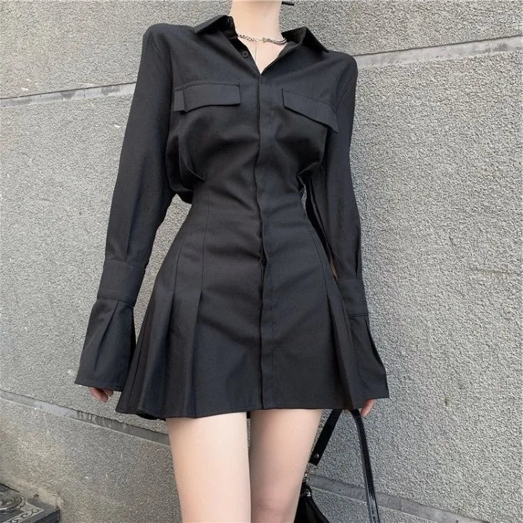 2024 Early Autumn New Lapel Neck Black Blouses Sexy Slim Waist Ruched Shirts Women Y2k Grunge Long Sleeve Blusas Mujer Dress