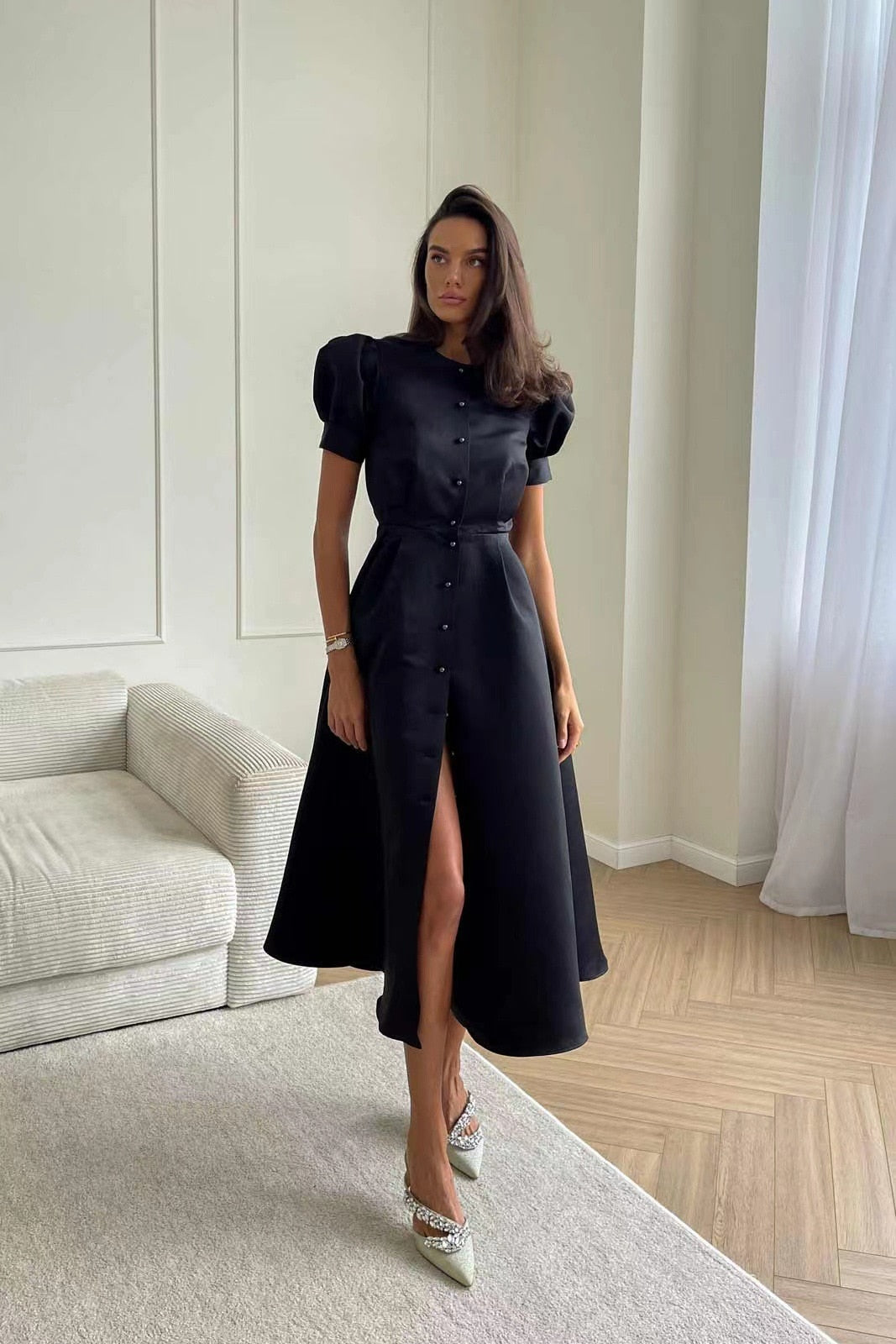 Women's Dress Single Breasted Lantern Sleeve A-line Dresses High Waist Split Mid-Length New Elegant and Pretty Dress for Women