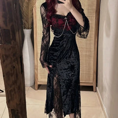 Elegant Vintage Lace Patchwork Dress for Women Y2k Sexy Slim Waist Bodycon Dresses 2024 Summer New Long Sleeve Vestidos