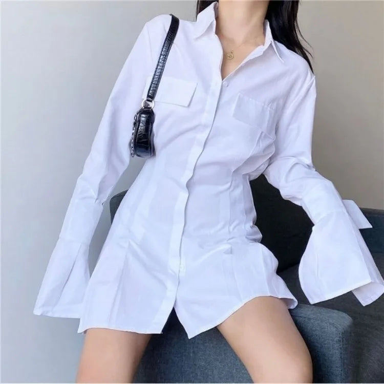 2024 Early Autumn New Lapel Neck Black Blouses Sexy Slim Waist Ruched Shirts Women Y2k Grunge Long Sleeve Blusas Mujer Dress