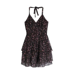 Halter Vintage Floral Dress Women Sexy Boho Bow Lace Up Backless Sleeveless Elegant Ruffle Patchwork Tunics Mini