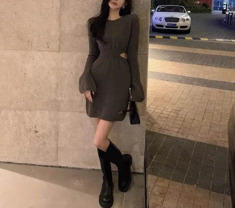 Spring Outfit Women's Knitted Bodycon Dress Hollowed Out Flared Sleeves Evening Party Dresses Vestidos O-neck Vacation Wave Cut Robe