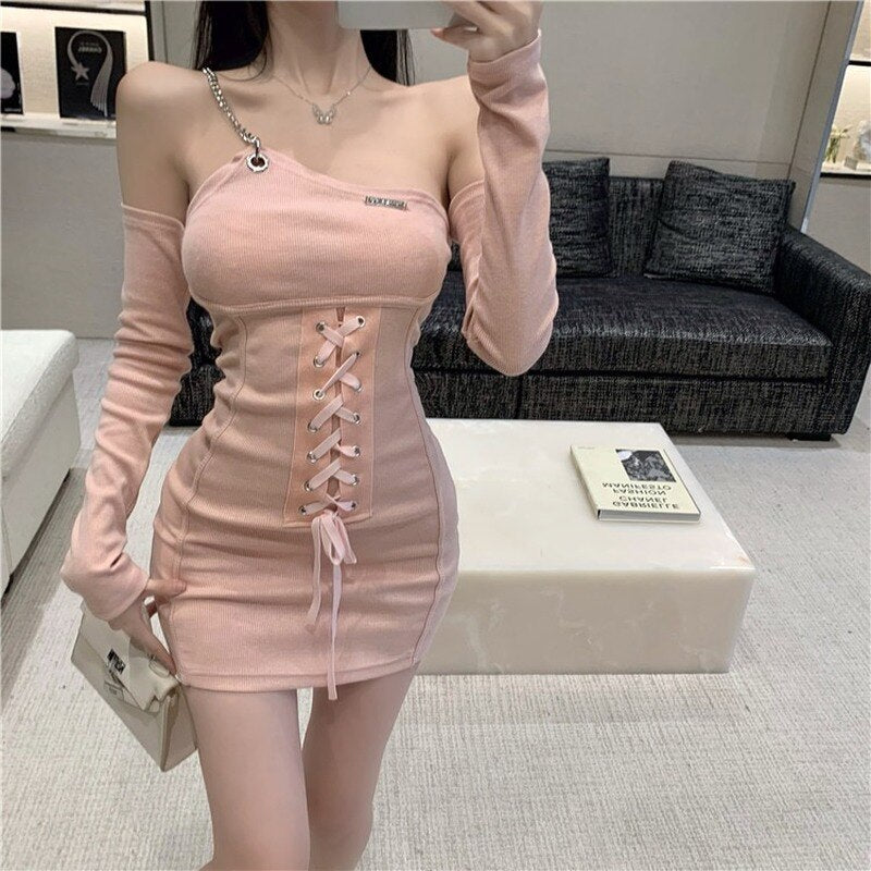 Lace Up Bandage Cross Women Slit Mini Dress One Shoulder Long Sleeve Knitting Bandage Front Sexy Streetwear Party Elegant Club