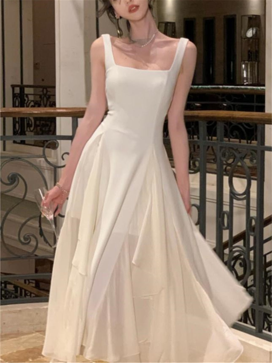Ruffles Midi Dresses Summer New Women French Elegant Square Neck Evening Party White Vestidos Fashion Princess Birthday Clothes