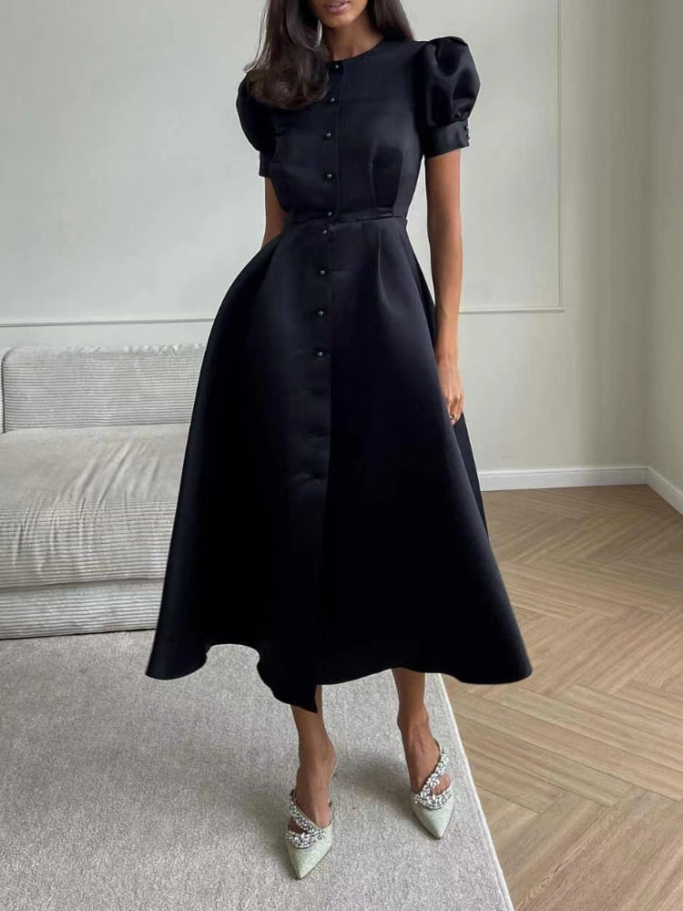 Women's Dress Single Breasted Lantern Sleeve A-line Dresses High Waist Split Mid-Length New Elegant and Pretty Dress for Women