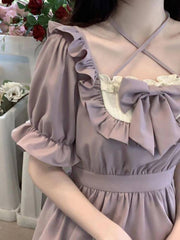 New Summer Elegant Vintage Chic Dress Purple Mini Dress Women Short Sleeve Kawaii Clothing Female Even Party Lolita Dress