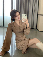 Elegant Women Mini Dress Vintage Tunic Irregular Long Sleeve Korean Office Ladies Ruffles Dress Sexy V Neck Party Vestidos