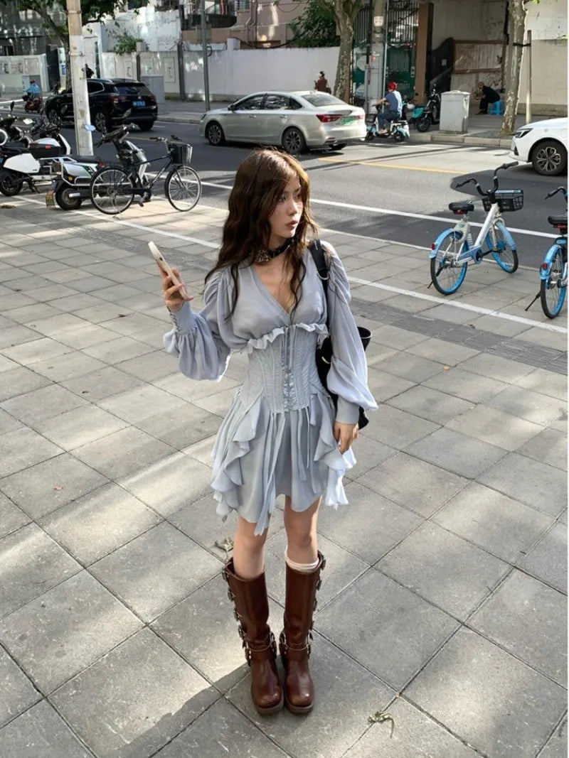 Sweet Blue Mesh Slim Waist Cummerbund+ Y2k Grunge V-neck Long Sleeve A-line Dress for Women 2024 Spring New Two Piece Sets