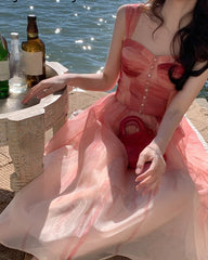 Summer Vintage Elegant Dress Women Casual Princess Midi Fairy Strap Dress Beach Female 2022 One Piece Dress Korean